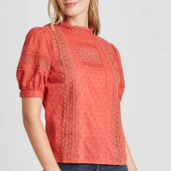 Universal Thread Rust Lace Puff Sleeve Blouse - Picture 1 of 16